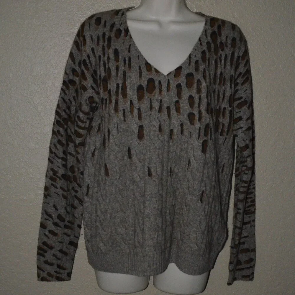 NWOT Sz M Allude Brown Animal Print Cashmere Blend V Neck Sweater